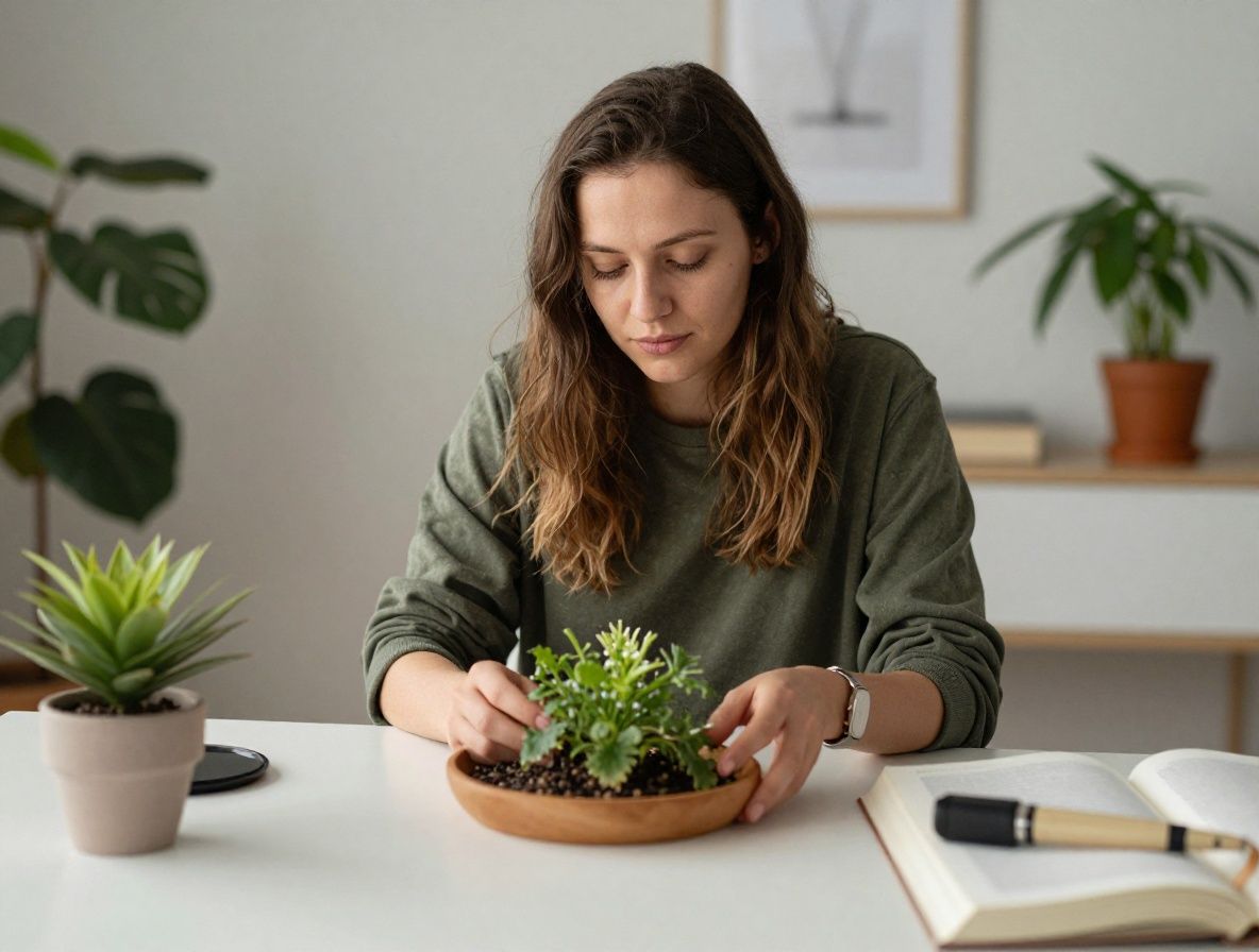 Zátiší s otevřeným zápisníkem, šálkem bylinkového čaje a sušenými bylinkami na světlém stole, klidná a soustředěná atmosféra vzdělávacího prostředí