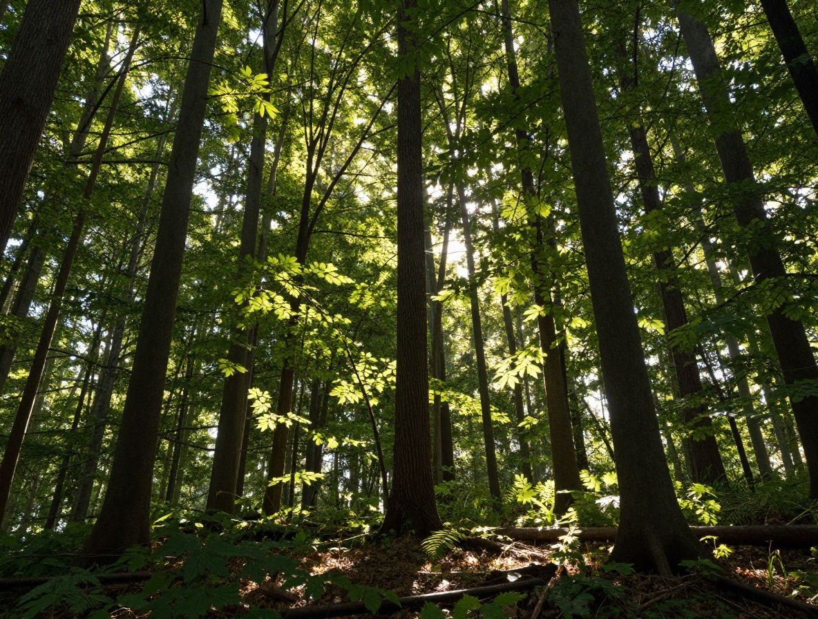 Sluneční světlo pronikající skrze koruny stromů v lese, zlaté paprsky a zelené listy v oparu ranního světla, poetický přírodní záběr
