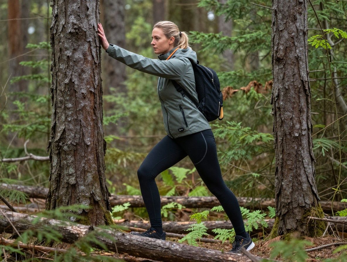 Žena při ranní procházce v lese po kamenné stezce, přirozené světlo pronikající stromovím, pohybová aktivita v přírodním prostředí