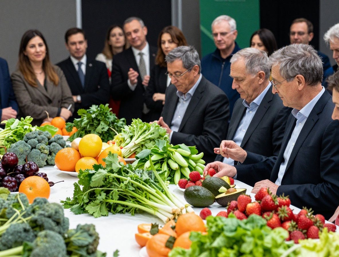 Pohled shora na barevné složení zdravých potravin – čerstvé jahody, vlašské ořechy, avokádo, citrus a zelené bylinky uspořádané na světlém mramorovém povrchu
