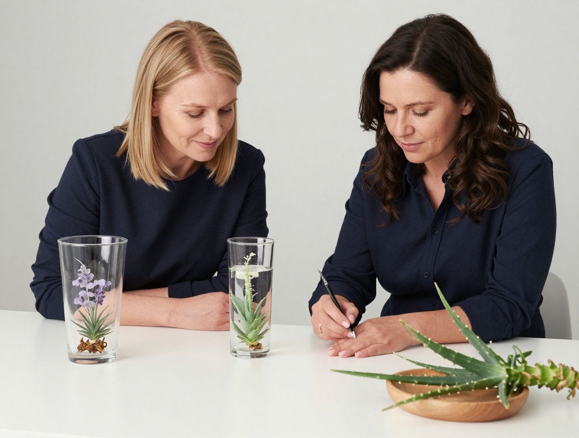 Zátiší s botanickými výtažky a přírodními složkami péče o pleť – skleněné lahvičky, aloe vera rostlina a bylinky na světlém povrchu s měkkými stíny