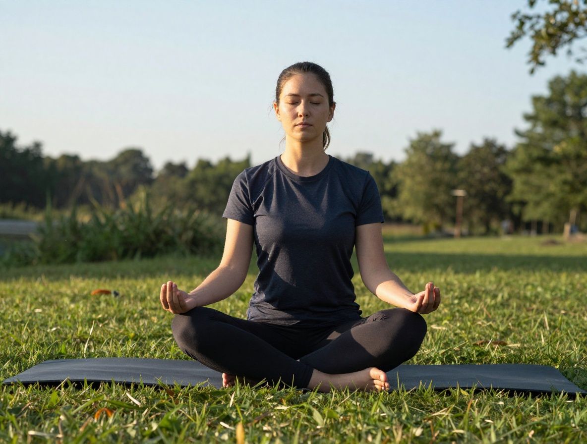 Pohled zezadu na osobu v pozici jógy na horské louce za úsvitu, silueta na pozadí modrého nebe a vzdálených kopců