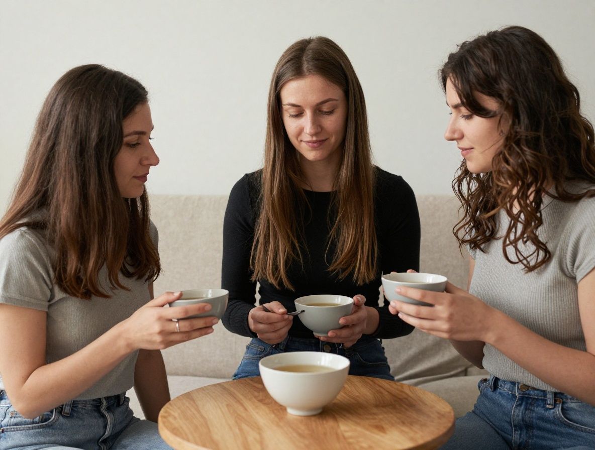 Klidná meditační místnost s přírodními materiály, dřevěnými prvky, hrnky čaje a polštáři, teplé světlo a atmosféra záměrné relaxace